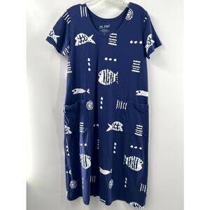 M. Mac Vermont Store Women's Blue White Cotton Rock Fish Shift Dress Size Small